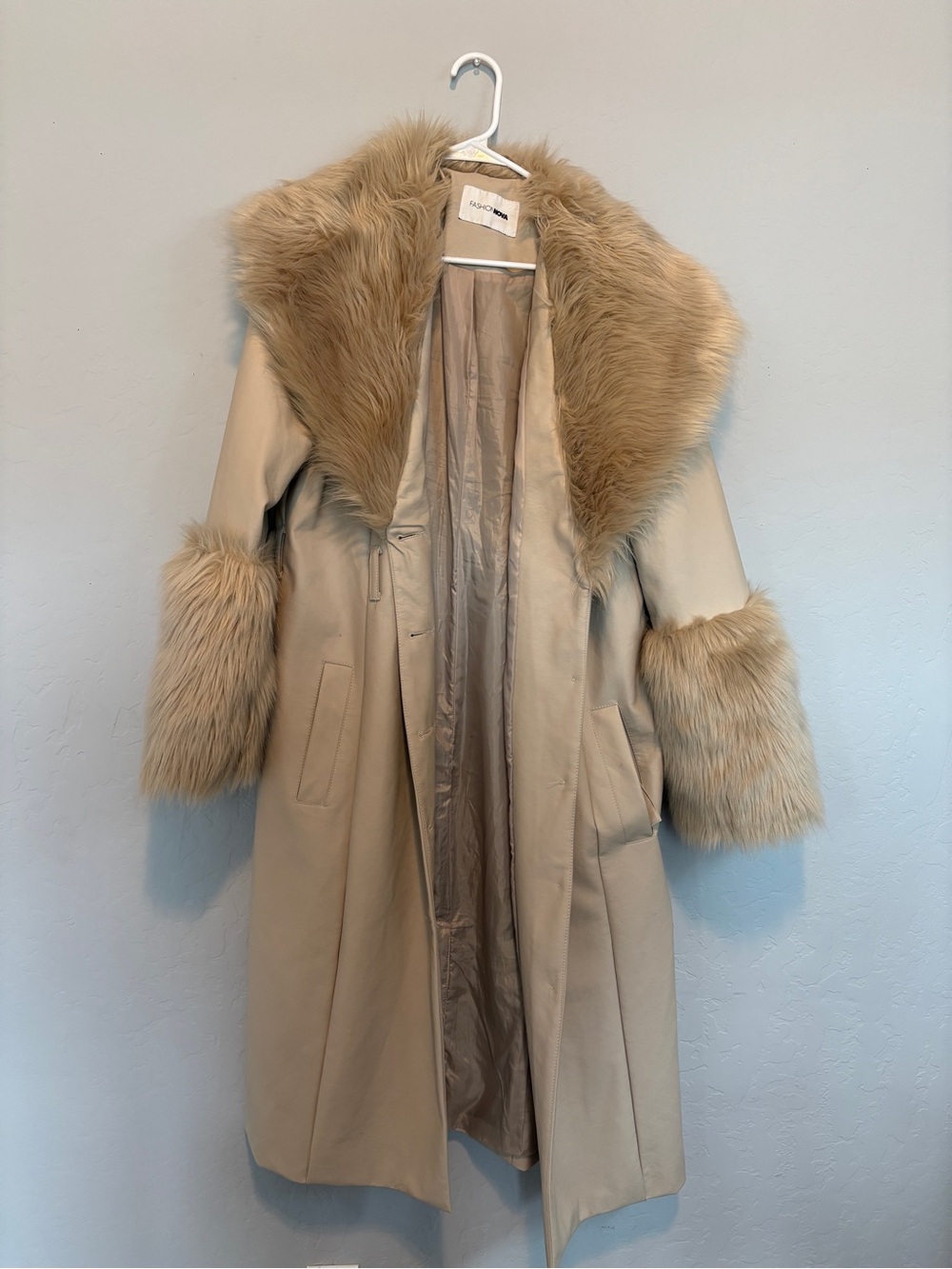 Fashion Nova Beige Faux Fur Trim Trench Coat